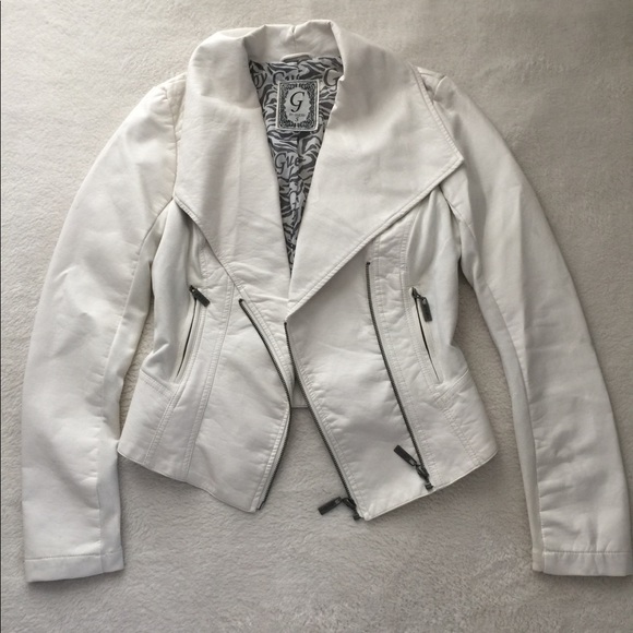 guess white leather jacket